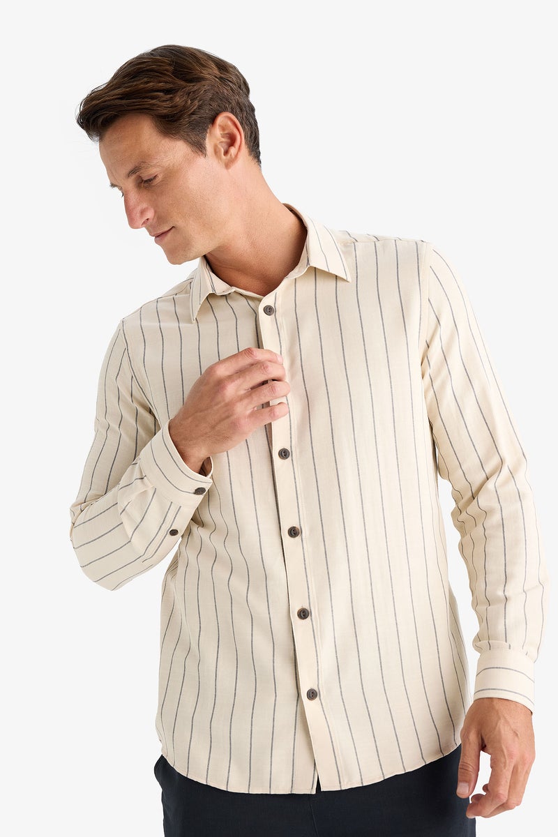DeFacto Beige Man Regular Fit Polo Collar Cotton Long Sleeve Shirt Casual - Image 4